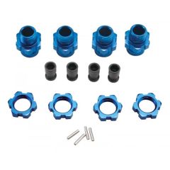 Wheel hubs, splined, 17mm, short (4)/ wheel nuts, splined, 17mm (4) (blue-anodized)/ hub retainer M4 X 0.7 (4)/ axle pin (4)/ wrench, 5mm 