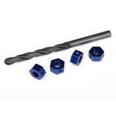 Wheel adaptors, 12mm hex, 6061-T6 aluminum (blue-anodized) (4)/ screw pins (4)/ drill bit, 0.25 inch (TRX-6869)