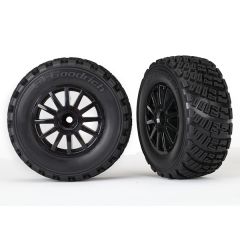  Tires & wheels, assembled, glued (black wheels, gravel pattern tires, foam inserts) (2) (TRX-7473T)