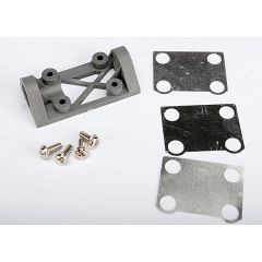 Bearing block, front (supports front shaft) (grey) / belt tension adjustment shims (front / middle) / screws