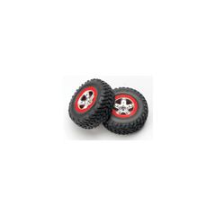 Tires & wheels, assembled, glued (sct satin chrome wheels, red beadlock  (dual profile 2.2" outer, 3.0" inner), sct off-road tires, foam inserts) (2) (front)