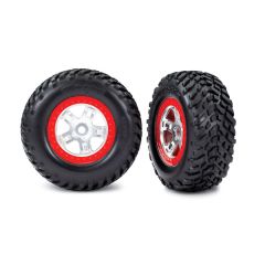 Tires & wheels, assembled, glued (sct, satin chrome wheels, red beadlock (dual profile 2.2" outer 3.0" inner), sct off-road tires, foam inserts) (2)