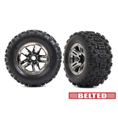 Traxxas - Tires & wheels, assembled, glued (3.8' black chrome wheels, belted Sledgehammer tires, foam inserts) (2) (TRX-9573A)