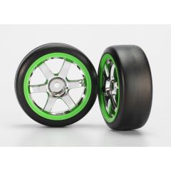 Tires and wheels, assembled, glued (Volk Racing TE37 chrome/green wheels, 1.9 Gymkhana slick tires) (2)